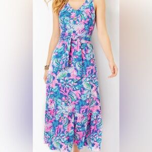Lilly Pulitzer Madsen V-neck Midi Dress blue Tang Sitting Seaside size XXL